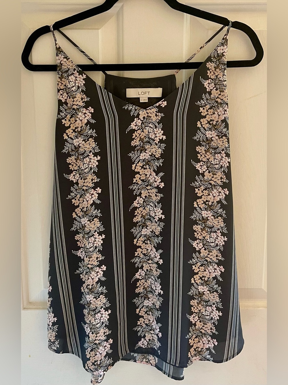 LOFT Grey Floral-Strip Summer Top with Pale Pink Blooms